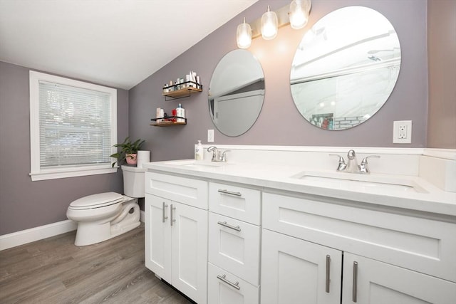 bathroom featuring double vanity, a sink, toilet, and wood finished floors