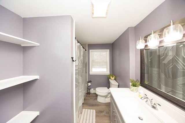 bathroom featuring vanity, a shower with shower curtain, wood finished floors, and toilet