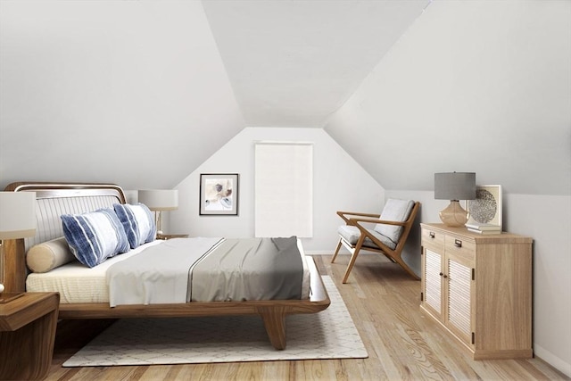 bedroom featuring light wood-style floors, lofted ceiling, and baseboards