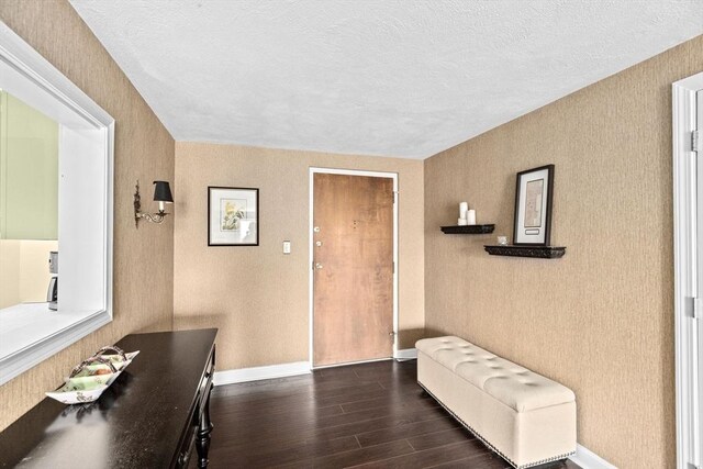 entrance foyer with a textured ceiling, baseboards, and dark wood-style floors