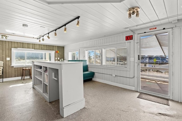 kitchen with baseboards, open shelves, rail lighting, and a wealth of natural light