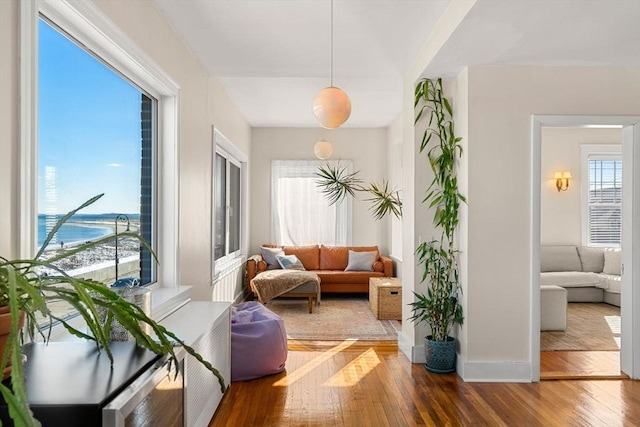 interior space featuring a water view and hardwood / wood-style floors