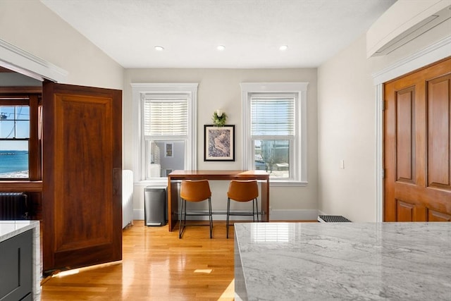 interior space featuring baseboard heating, a wealth of natural light, light hardwood / wood-style flooring, and radiator heating unit