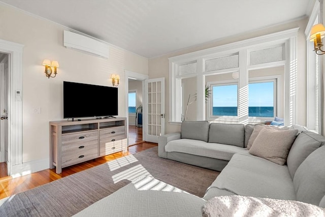 living room with a wall mounted AC and hardwood / wood-style flooring