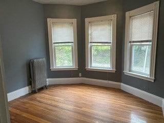 unfurnished room featuring radiator and hardwood / wood-style floors