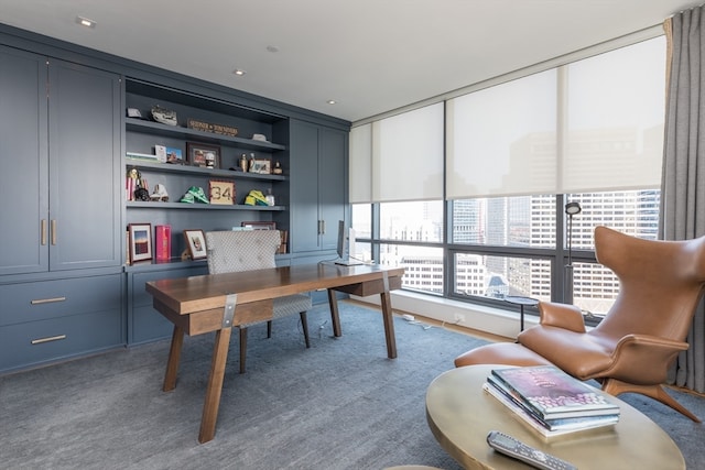 carpeted office space featuring built in shelves