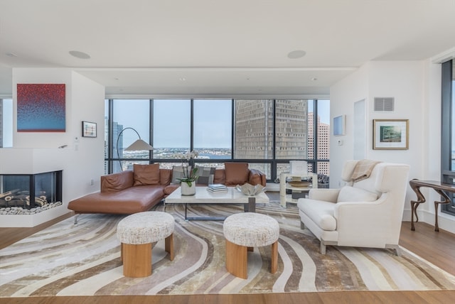 living room featuring light hardwood / wood-style floors, a multi sided fireplace, floor to ceiling windows, and plenty of natural light