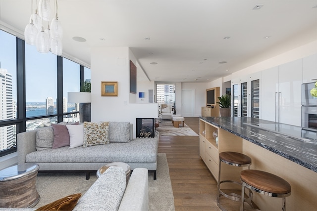 living room featuring wood-type flooring and floor to ceiling windows