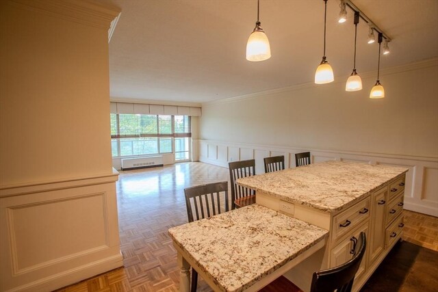 111 Perkins St Unit 42, Boston, MA 02130 - kitchen featuring crown molding, track lighting, a decorative wall, a wainscoted wall, and a center island