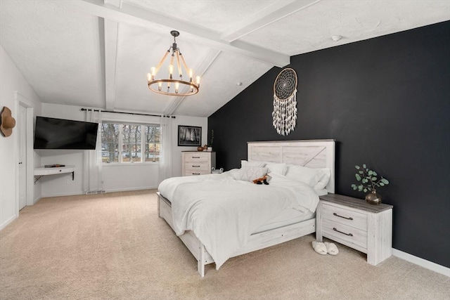 bedroom with lofted ceiling with beams, an inviting chandelier, baseboards, and carpet