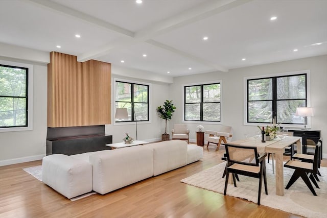 living area featuring light wood-style flooring, beam ceiling, recessed lighting, and baseboards