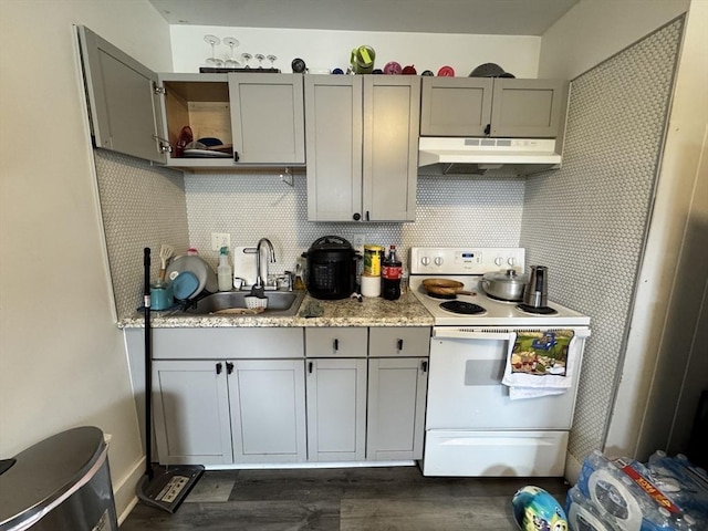 403 Orange St, Springfield, MA 01108 - kitchen featuring white electric range oven, gray cabinets, under cabinet range hood, and a sink
