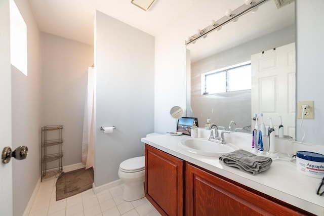 bathroom with tile patterned floors, vanity, toilet, and a shower with shower curtain