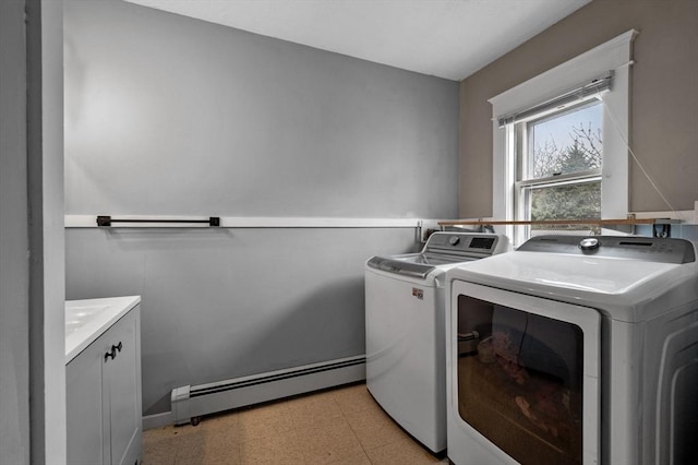 laundry area featuring a baseboard heating unit, washer and dryer, and light floors
