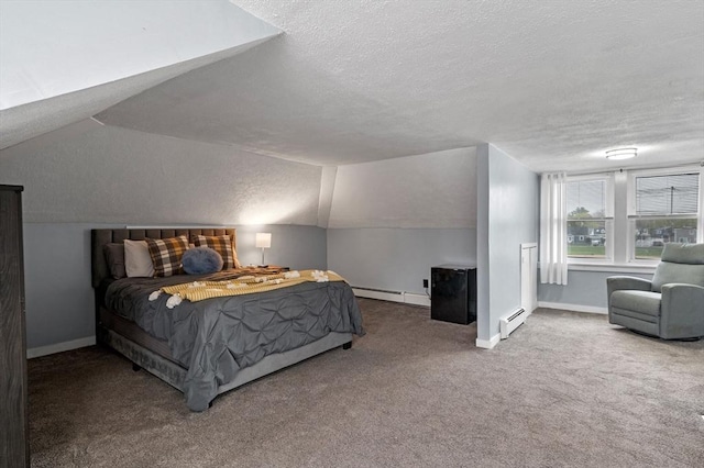 carpeted bedroom featuring a baseboard heating unit, a textured ceiling, lofted ceiling, and baseboards