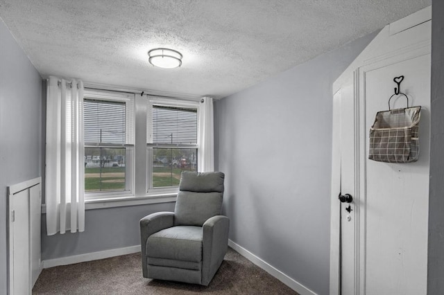 living area featuring a textured ceiling, carpet flooring, and baseboards