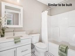 full bath with toilet, shower / bathtub combination with curtain, tile patterned flooring, and vanity