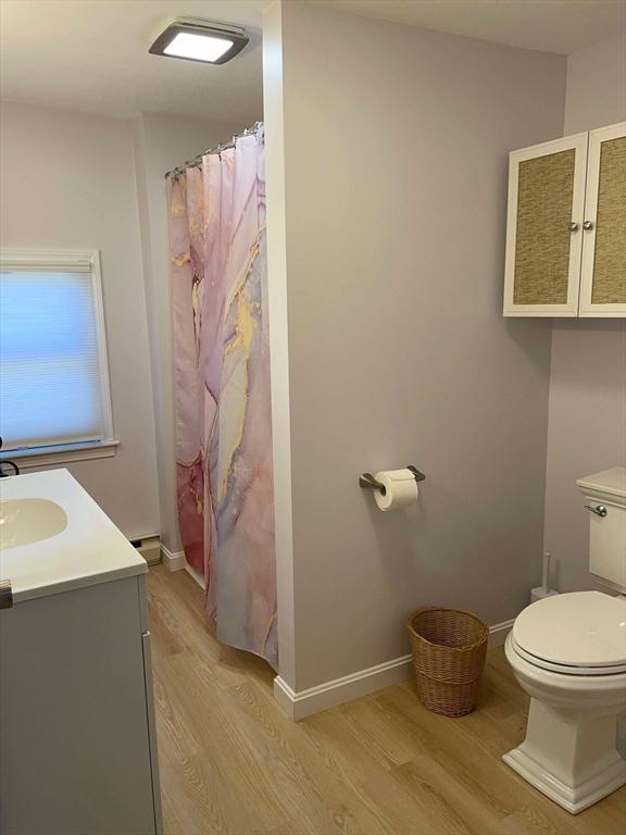 full bathroom with vanity, toilet, baseboards, wood finished floors, and a shower with curtain