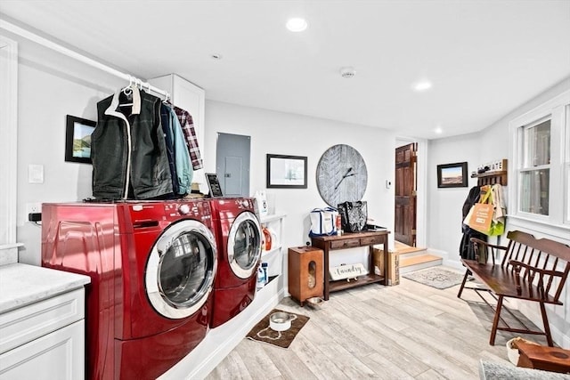 26 Mordecai Lincoln Rd, Scituate, MA 02066 - washroom featuring washer and dryer, electric panel, light wood-style floors, and recessed lighting