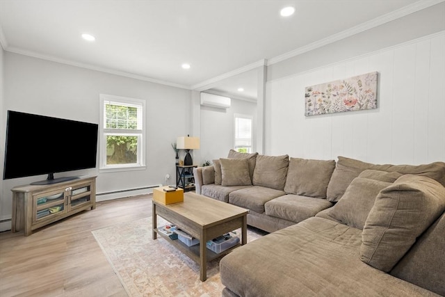 78 Conserve Ave, Westport, MA 02790 - living room with a baseboard heating unit, an AC wall unit, light wood-type flooring, ornamental molding, and recessed lighting