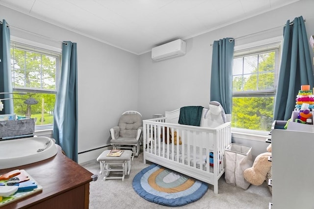 78 Conserve Ave, Westport, MA 02790 - carpeted bedroom with a wall mounted AC, a nursery area, multiple windows, and crown molding
