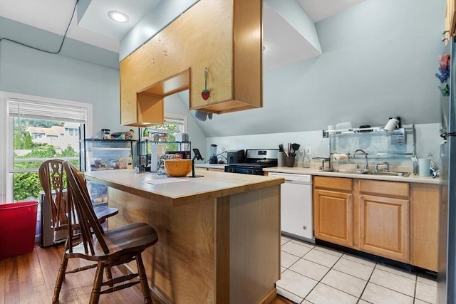 kitchen featuring a kitchen bar, dishwasher, a sink, light countertops, and stainless steel range oven