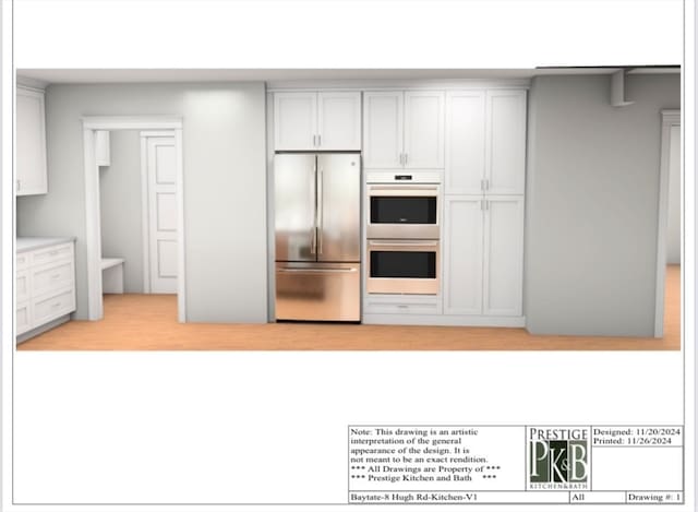 kitchen featuring double oven, light countertops, built in refrigerator, and wood finished floors