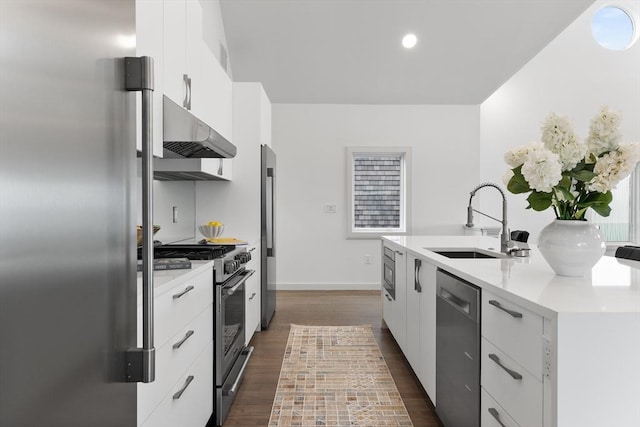 kitchen with white cabinetry, sink, stainless steel appliances, dark hardwood / wood-style floors, and range hood