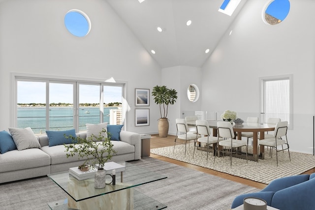 living room with a high ceiling, a water view, a wealth of natural light, and wood-type flooring