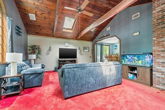 9 Oak Hill Rd, Mendon, MA 01756 - living room with wooden ceiling, carpet, ceiling fan, arched walkways, and a baseboard heating unit