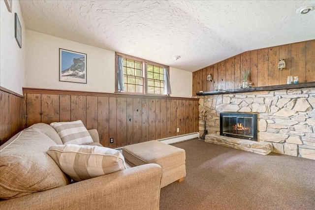 9 Oak Hill Rd, Mendon, MA 01756 - living room featuring wood walls, a textured ceiling, baseboard heating, a stone fireplace, and carpet flooring