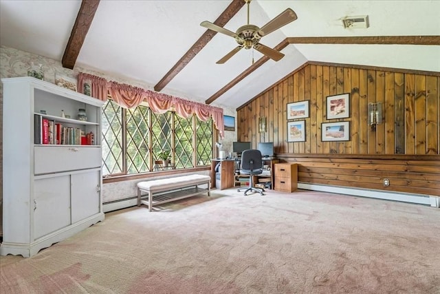 9 Oak Hill Rd, Mendon, MA 01756 - office space featuring carpet floors, ceiling fan, a baseboard radiator, and wooden walls