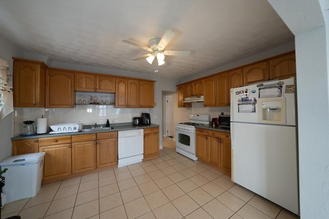 kitchen featuring tasteful backsplash, a ceiling fan, a sink, white appliances, and under cabinet range hood