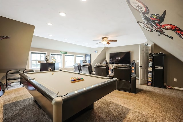 game room with vaulted ceiling, pool table, carpet flooring, and ceiling fan