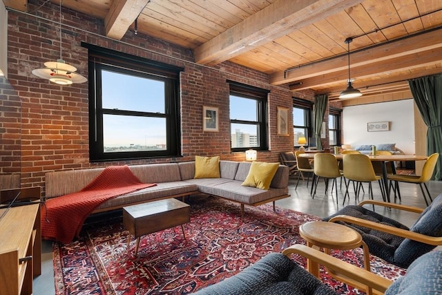 living room with wood ceiling, brick wall, and beam ceiling