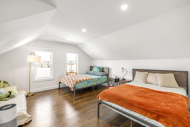 bedroom featuring recessed lighting, vaulted ceiling, baseboards, and wood finished floors