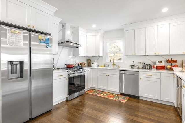 kitchen featuring dark wood-style flooring, a sink, light countertops, appliances with stainless steel finishes, and wall chimney exhaust hood