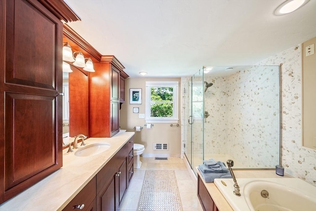 328 Central Ave, Scituate, MA 02050 - full bathroom with vanity, a stall shower, a garden tub, wallpapered walls, and tile patterned floors