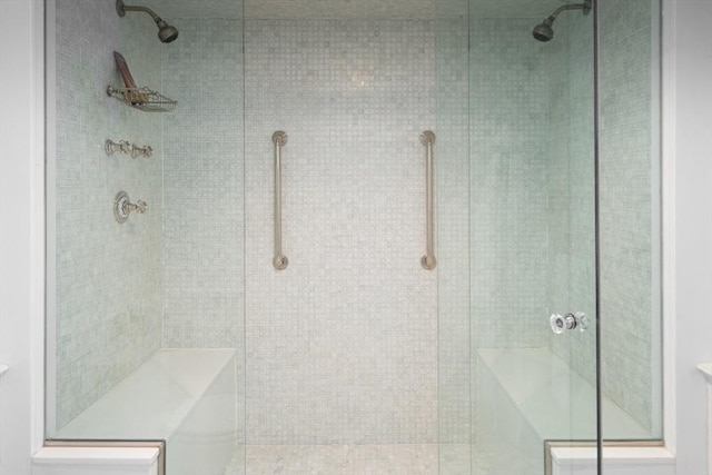 bathroom with a shower with shower door