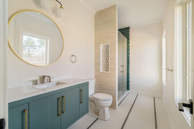 234 Valley Rd, Needham, MA 02492 - bathroom with tile patterned floors, ornamental molding, toilet, vanity, and a stall shower