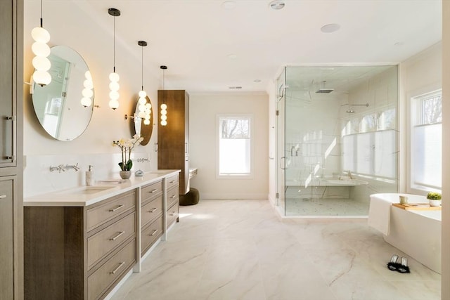 234 Valley Rd, Needham, MA 02492 - full bath featuring a shower stall, ornamental molding, a freestanding tub, vanity, and marble finish floor