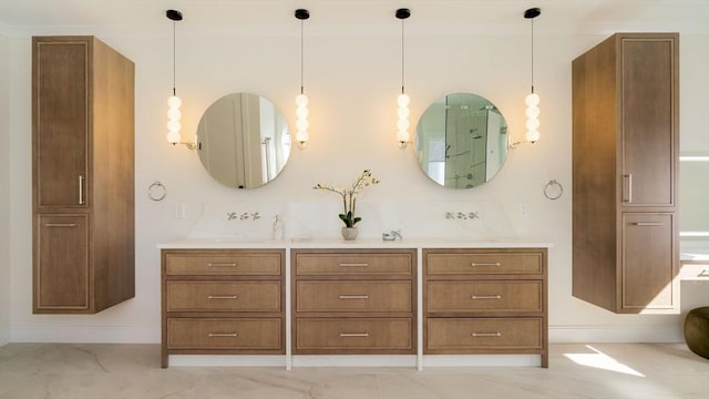 234 Valley Rd, Needham, MA 02492 - bathroom featuring double vanity, walk in shower, and baseboards