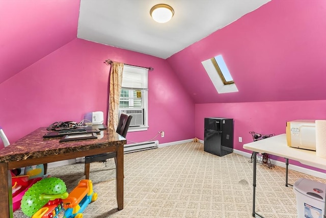 office featuring vaulted ceiling with skylight, cooling unit, carpet floors, a baseboard heating unit, and baseboards