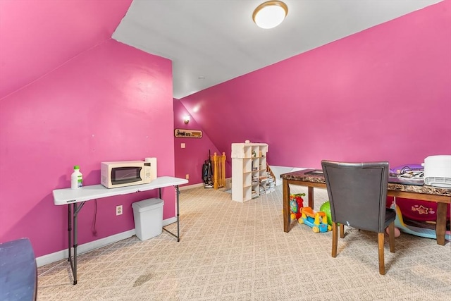 rec room featuring carpet flooring and baseboards