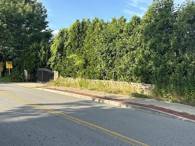 view of street with sidewalks, a gate, and curbs