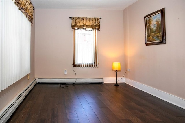 unfurnished room with dark wood-type flooring and baseboard heating