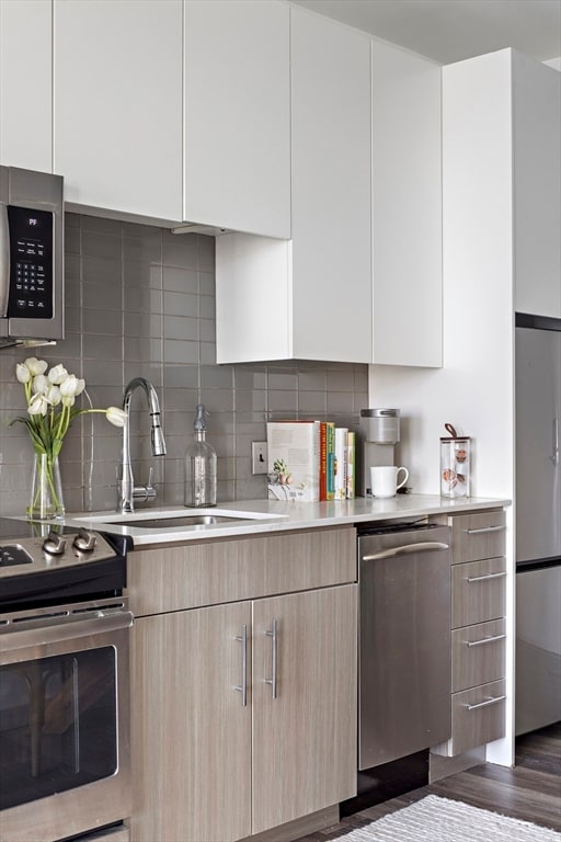 kitchen with white cabinetry, sink, dark wood-type flooring, stainless steel appliances, and decorative backsplash