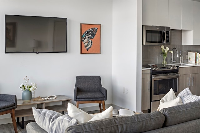 living room featuring hardwood / wood-style floors and sink