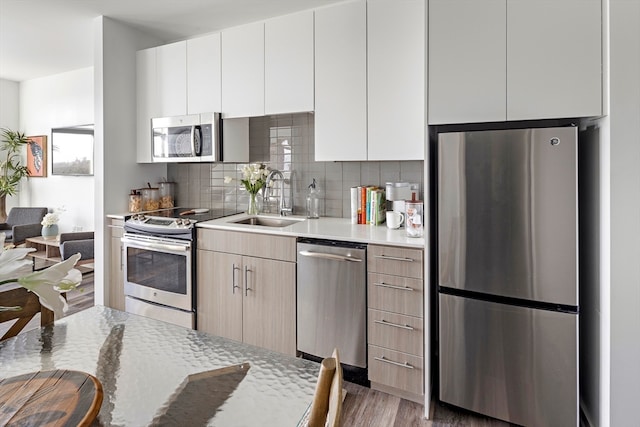 kitchen with dark wood-type flooring, sink, decorative backsplash, appliances with stainless steel finishes, and white cabinetry