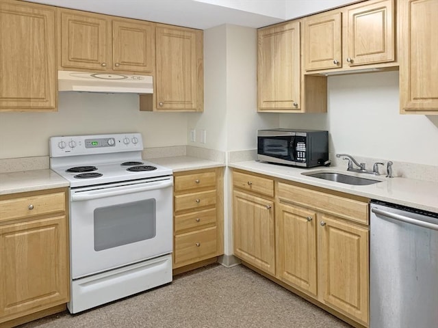 kitchen with light brown cabinetry, a sink, under cabinet range hood, stainless steel dishwasher, and white electric stove